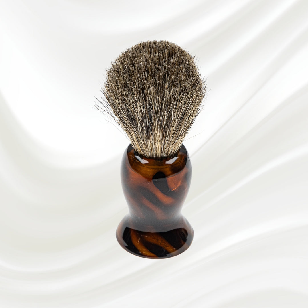 080J KOH-I-NOOR Jaspe badger bristles shaving brush with brown tortoiseshell acetate handle; KOH-I-NOOR's gold logo stamped on the handle