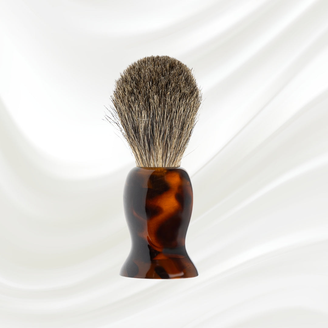080J KOH-I-NOOR Jaspe badger bristles shaving brush with brown tortoiseshell acetate handle; KOH-I-NOOR's gold logo stamped on the handle