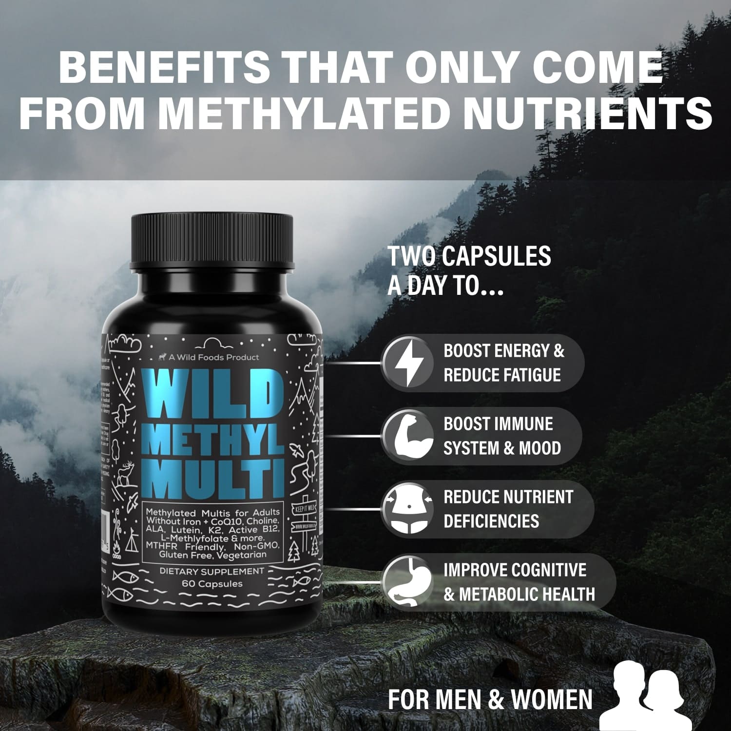 NEW!!! Wild Methylated Whole Food Multivitamin for Men and Women - Iron-Free - Highly Bioavailable by Wild Foods