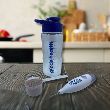 goode health bottle, scoop, mixer