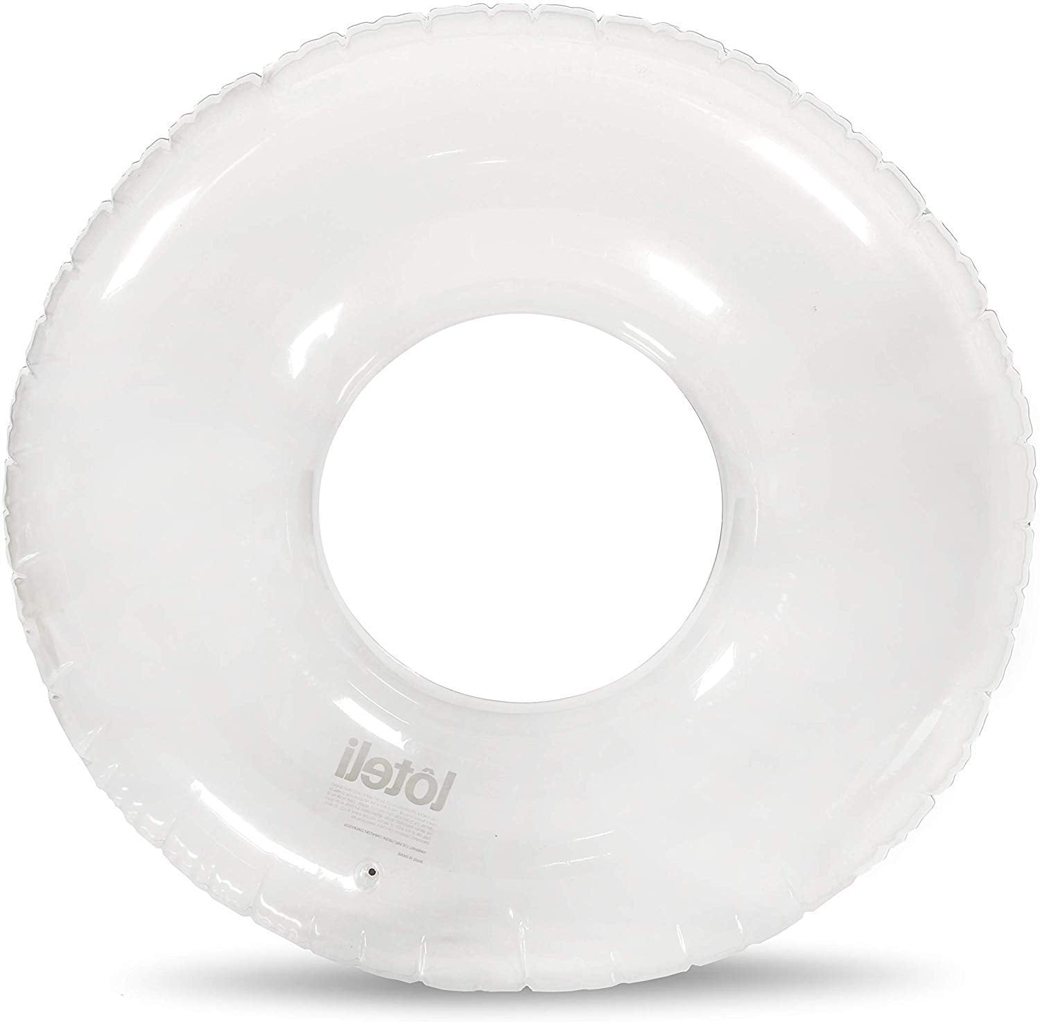 Photo of clear float swim ring in front of white background with small loteli logo