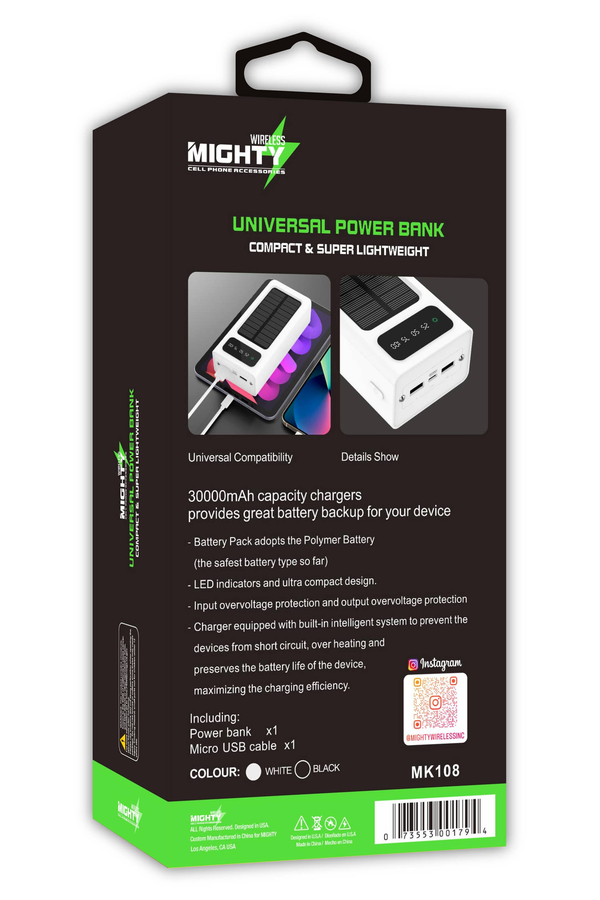 Mighty Wireless - Mighty 30,000mAh Solar Power Bank with 4 Cables White MK108