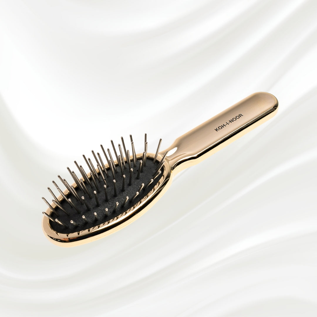 7112G KOH-I-NOOR Metallic hairbrush with gold plated handle, and metallic pins; KOH-I-NOOR's logo stamped on the handle