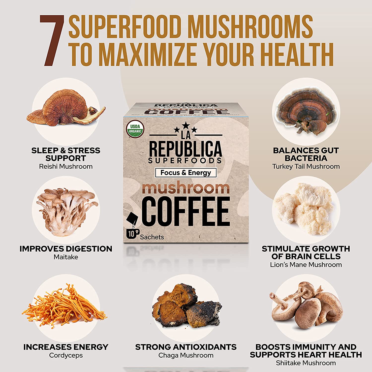 Mushroom Coffee 10-Pack Box of Single Serve Packets by La Republica Superfoods