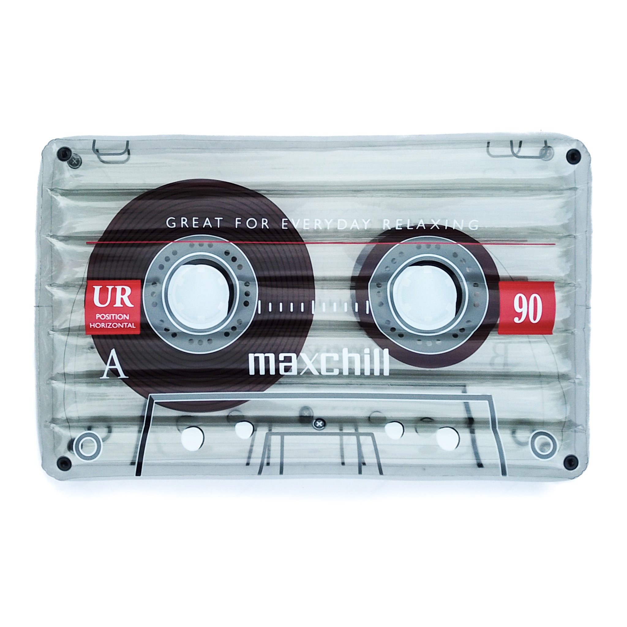 Detailed photo of the clear cassette tape float in front of a white background. The float has the words "Great for everyday relaxing" and the mimicked logo of "Maxchill."