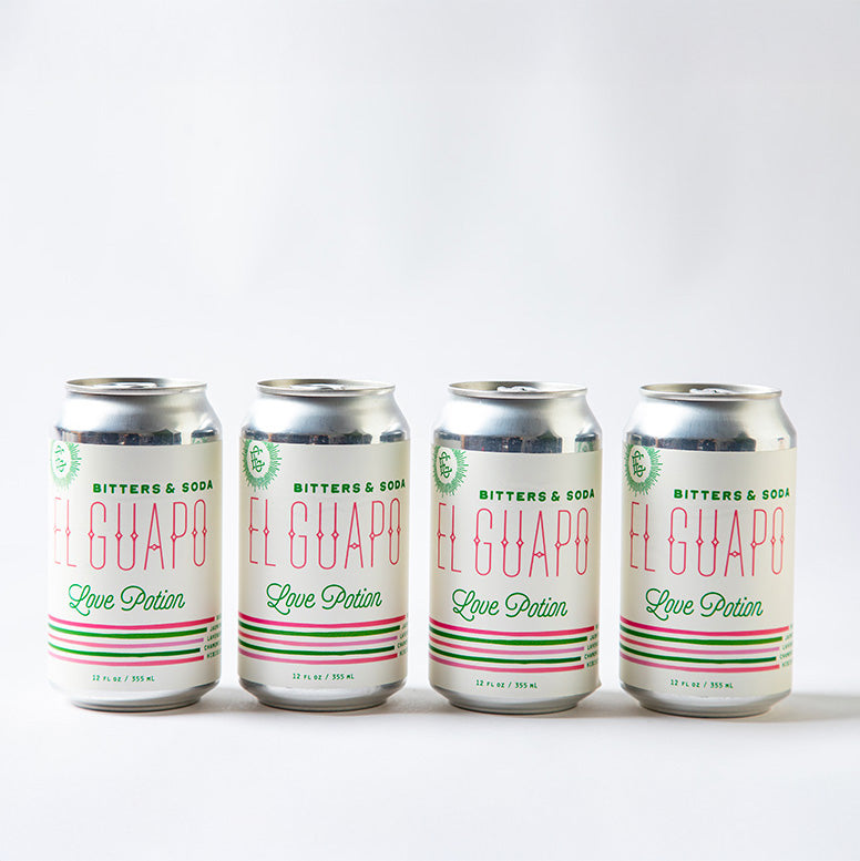 Four cans of El Guapo Love Potion bitters & soda on a white background
