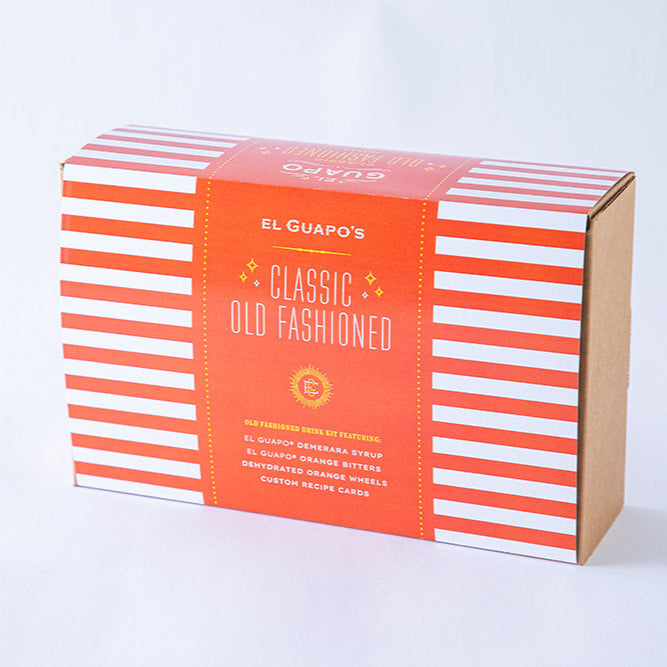 Orange and white striped box with 'El Guapo's Classic Old Fashioned' on a white background.