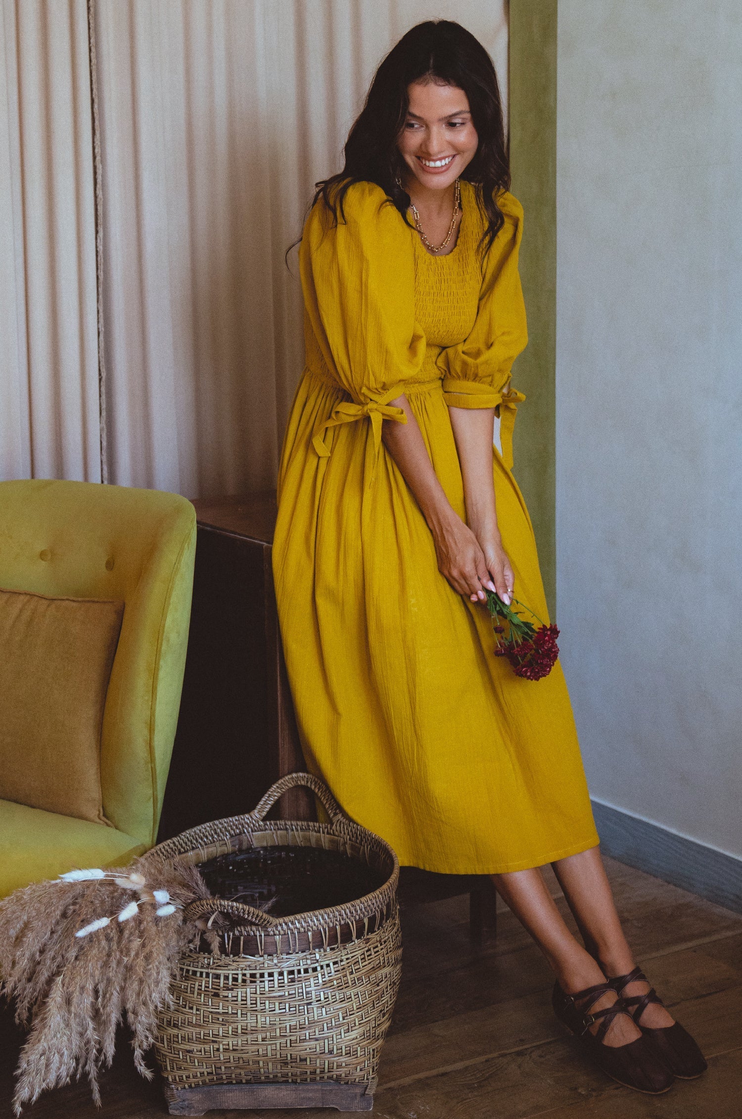 Freya Smocked Linen Midi Dress by Bali ELF