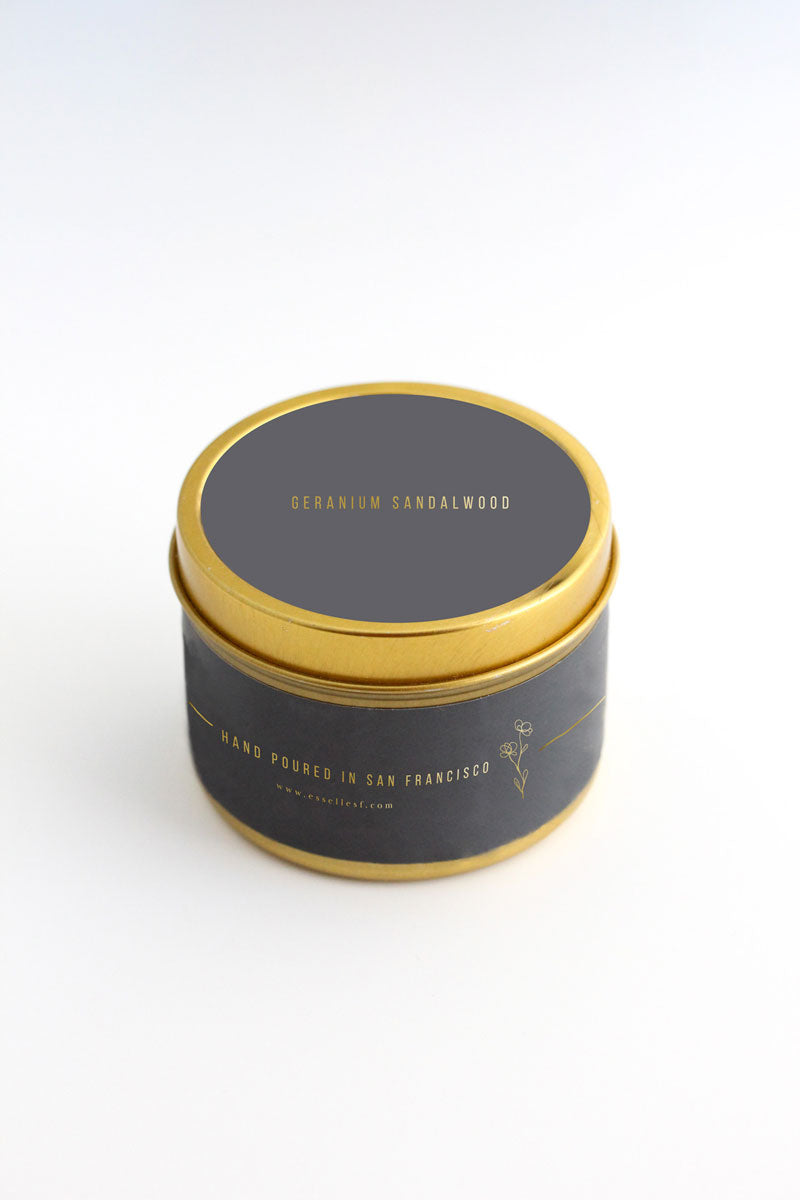 Geranium & Sandalwood Gold Tin Candle by Esselle SF