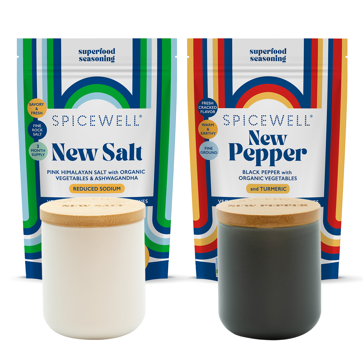 Spring Reset: New Salt & New Pepper Ceramic Cellar Set + Refill Pouch Bundle by Spicewell