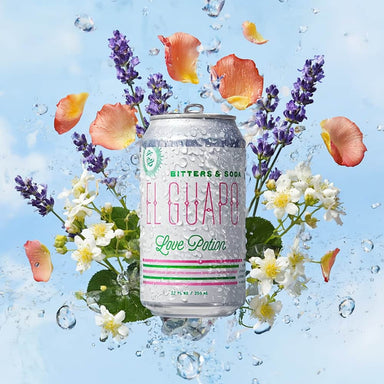 El Guapo Love Potion Bitters & Soda can surrounded by flowers and water droplets on a blue sky-like background