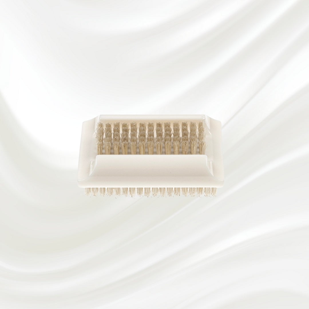 double side white nail brush with natural bristles. KOH-I-NOOR logo printed on the handle