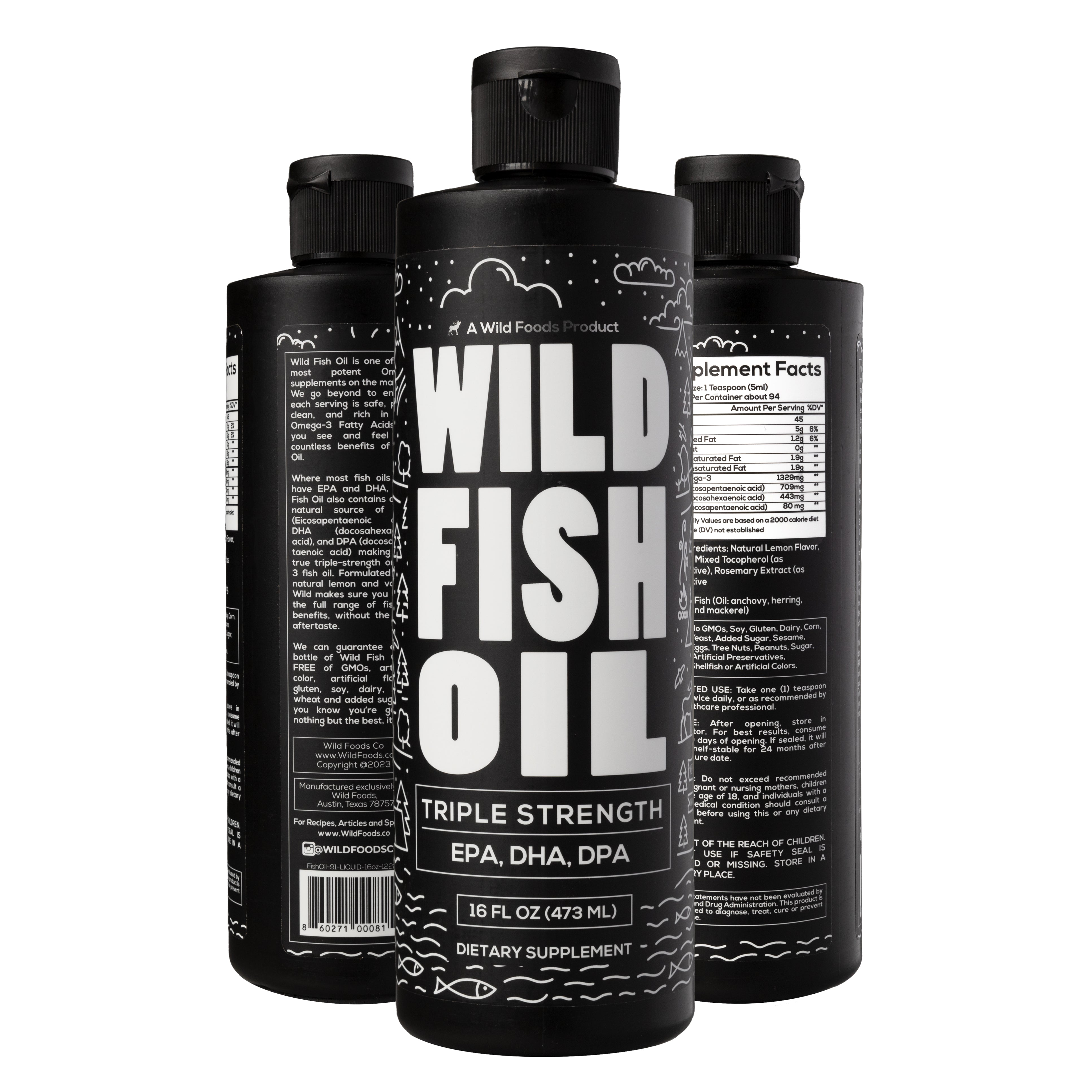 Wild Fish Oil Liquid, 16oz, Omega-3 DHA, EPA, DPA by Wild Foods