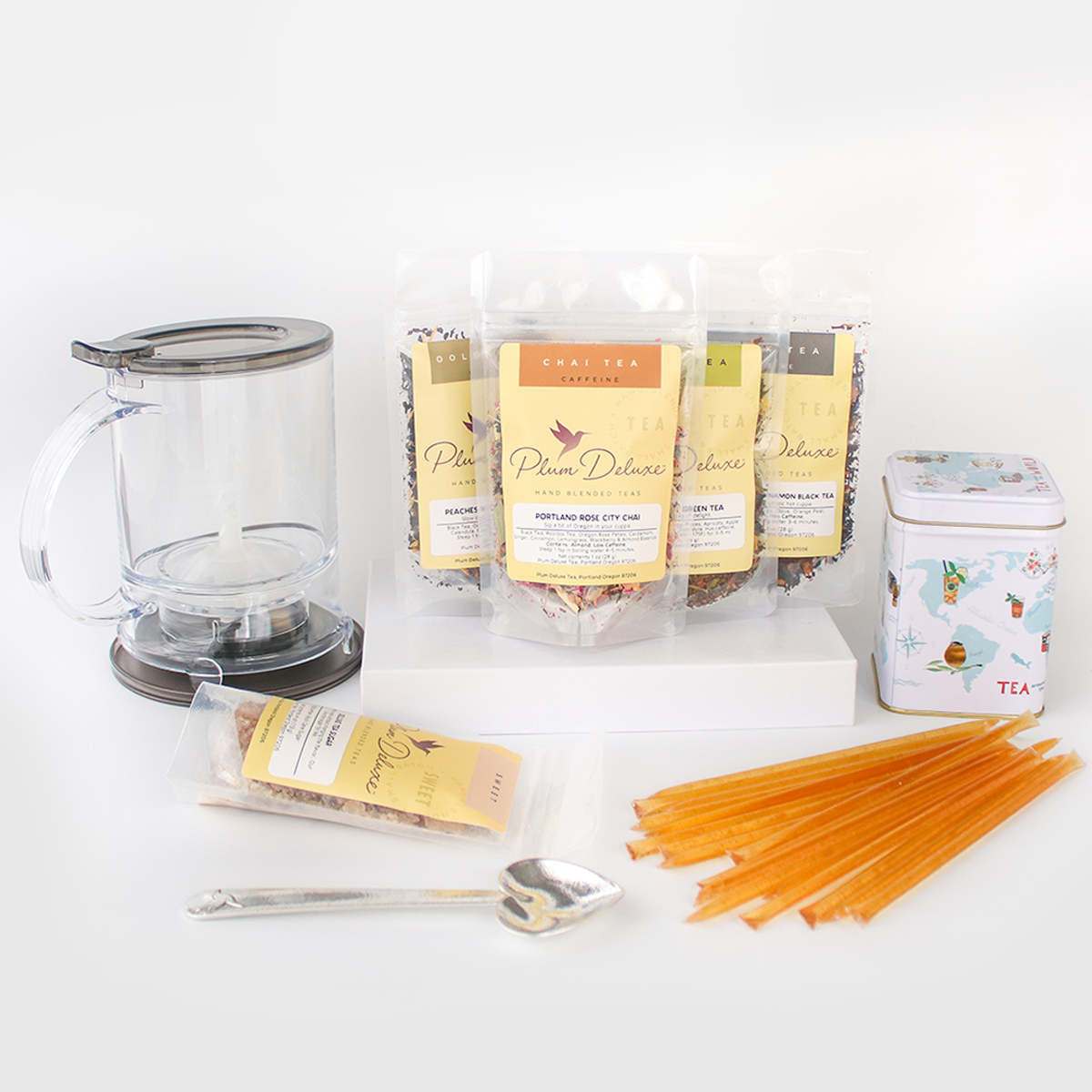  Ultimate Hot Tea Bundle (Tea, Sweets, Scoop, Tin, and Tea Maker) by Plum Deluxe Tea Plum Deluxe Tea Perfumarie