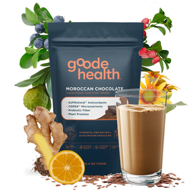 Goode health superfood nutrition shake, Moroccan chocolate surrounded by ingredients and shake