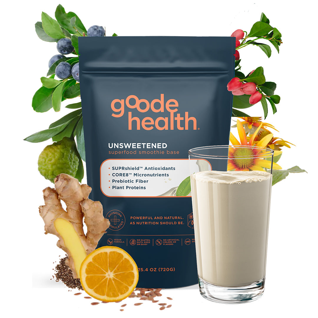 goode health superfood shake, unsweetened, pictures of ingredients and shake around bag