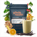 Goode health superfood shake, vanilla spice with ingredients and drink around bag