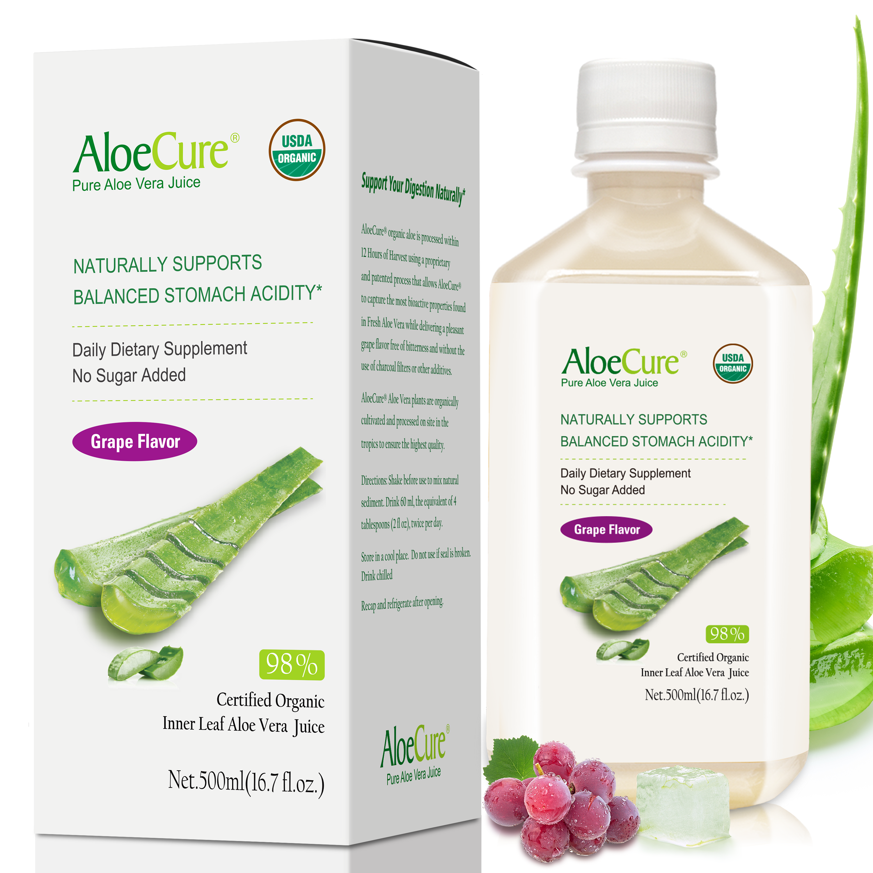 Pure Aloe Vera Juice Grape Flavor - USDA Certified Organic by AloeCure