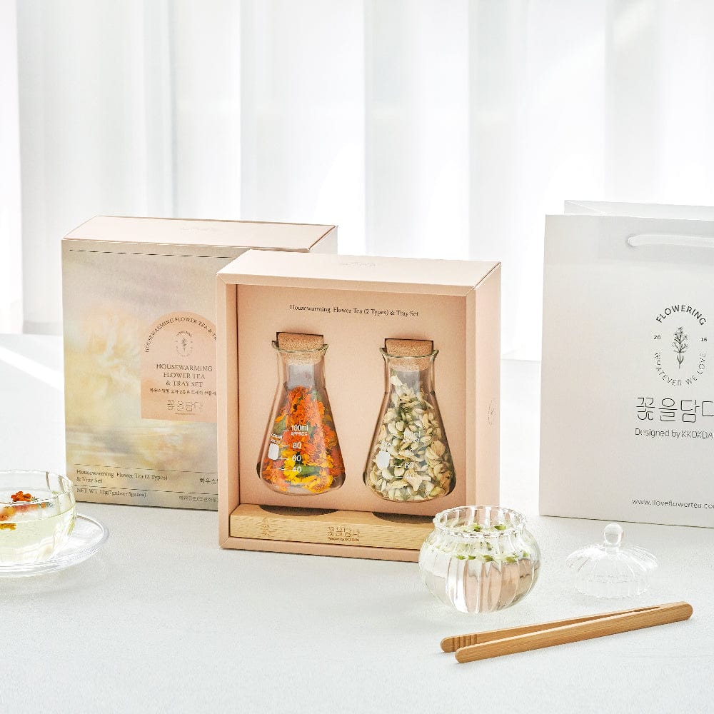 Housewarming Flower Tea & Wood Tray Set