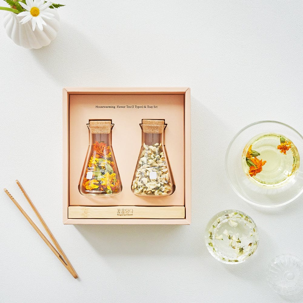 Housewarming Flower Tea & Wood Tray Set