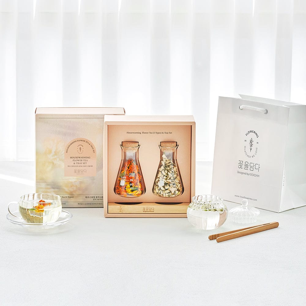 Housewarming Flower Tea & Wood Tray Set