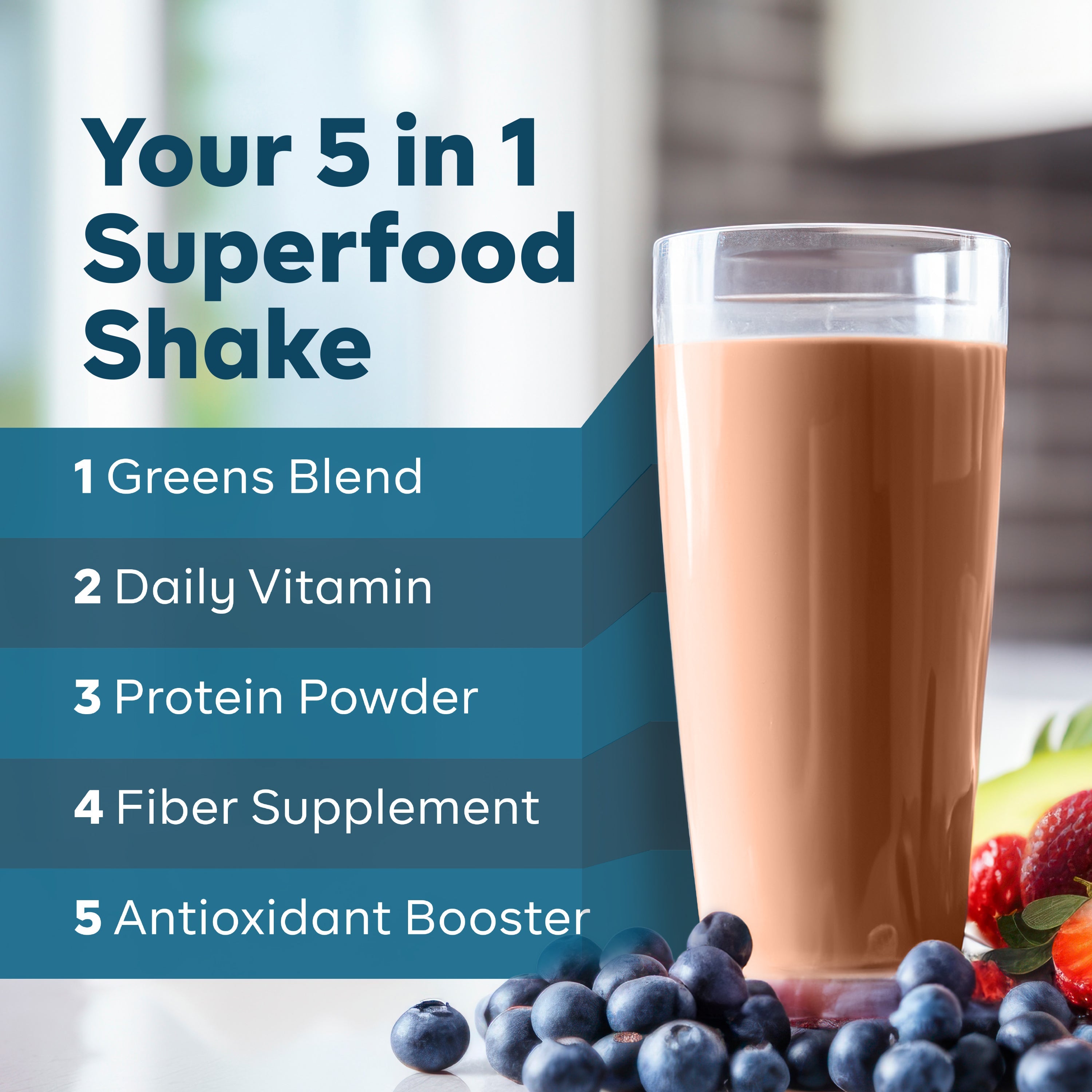 Graphic of Goode health 5 in 1, superfood with shake pictured