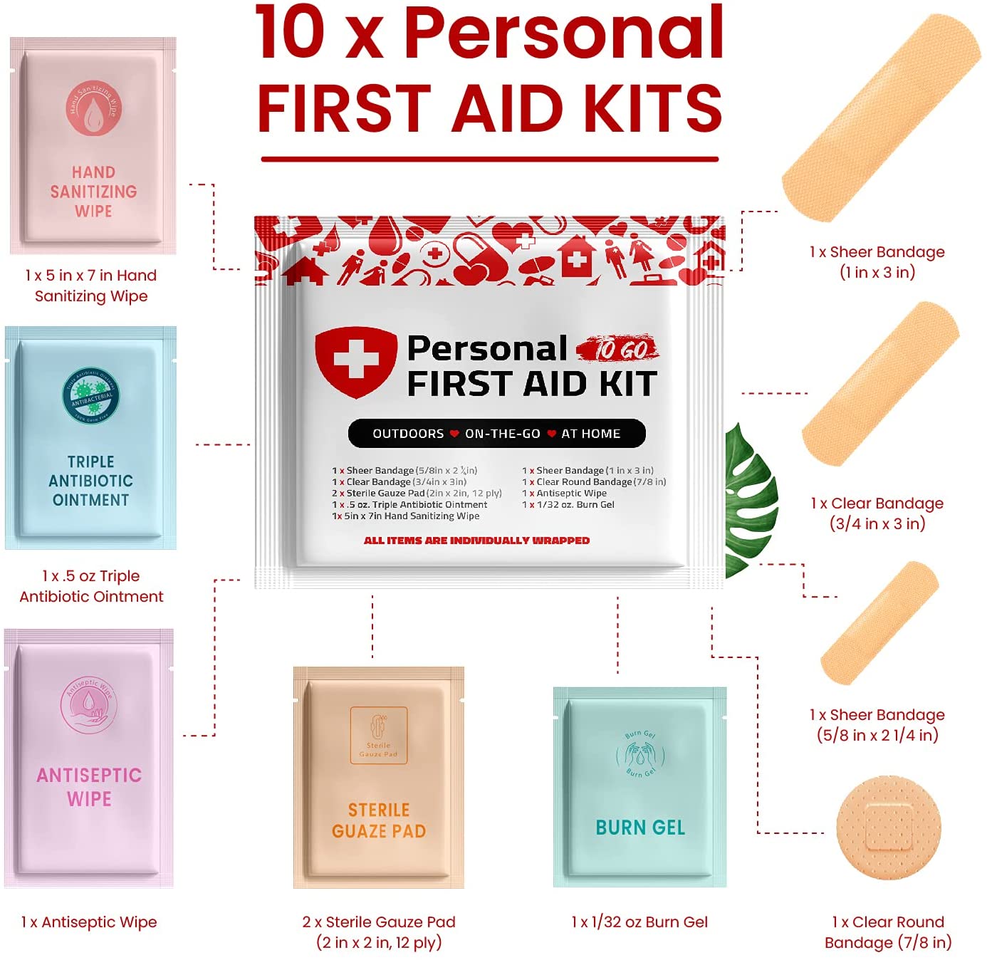  Portable Travel Size First Aid Kit - 10 Pack | Perfect for Home, Office, Car, School, Business, Travel, Hiking, Hunting, and Outdoors | Individually Wrapped First Aid Products (Red) by Skincareheaven Skincareheaven Perfumarie