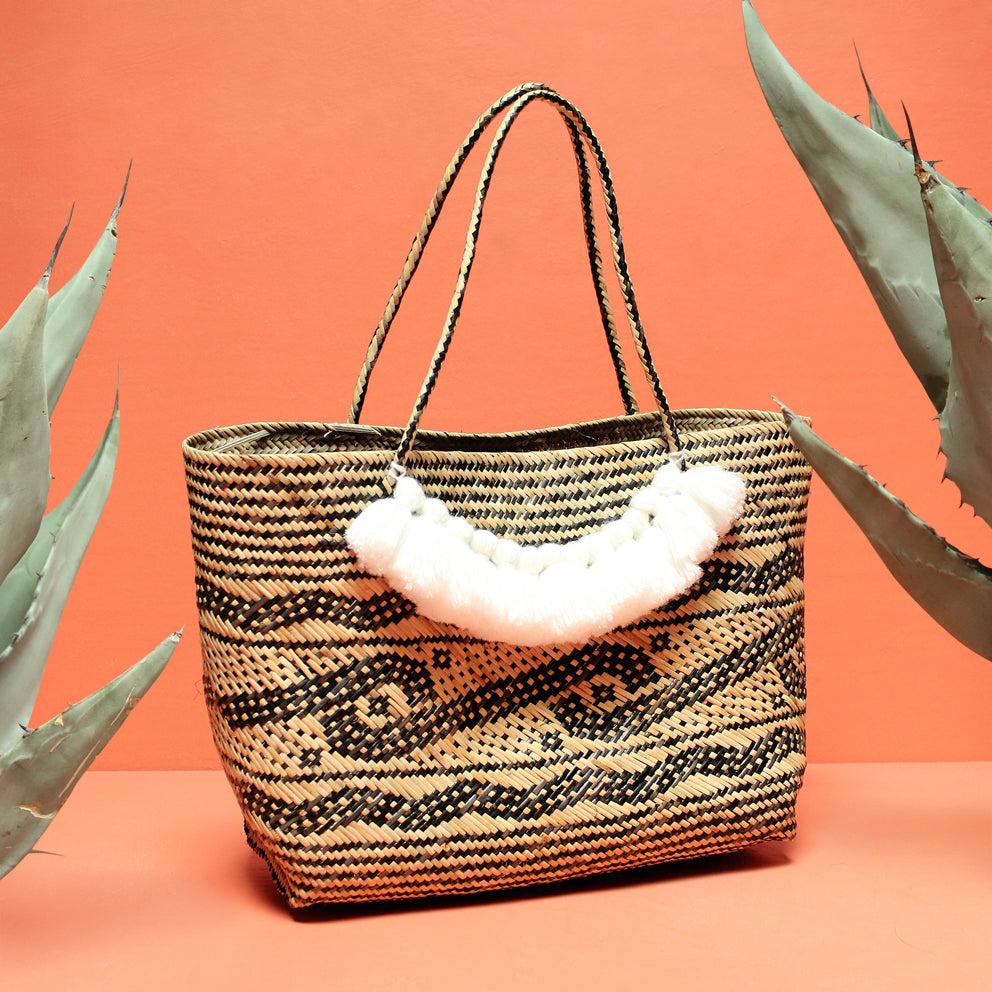  Borneo Medio Straw Tote Bag - Hand Bag with White Roman Tassels by BrunnaCo BrunnaCo Perfumarie