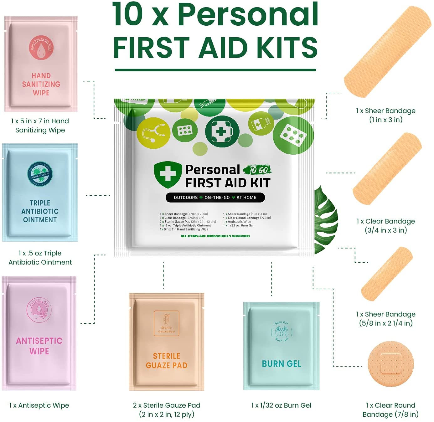  Portable Travel Size First Aid Kit - 10 Pack | Perfect for Home, Office, Car, School, Business, Travel, Hiking, Hunting, and Outdoors | Individually Wrapped First Aid Products (Green) by Skincareheaven Skincareheaven Perfumarie