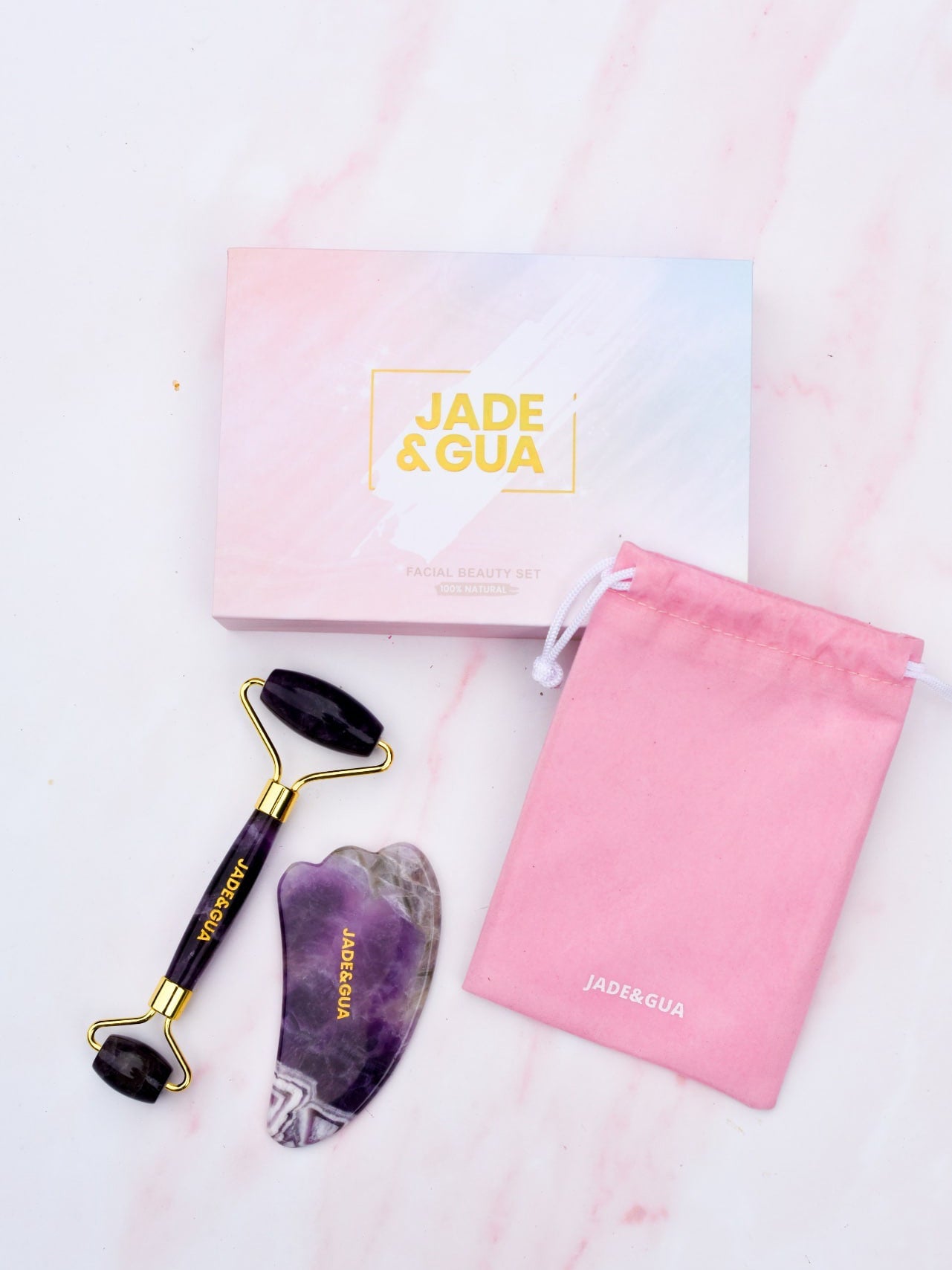  Glamorous Amethyst Jade Roller & Paw Gua Sha Set by Jade and Gua Jade and Gua Perfumarie